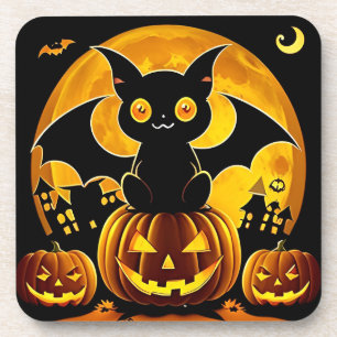 Kartenfledermaus und Kürbisse unter Vollmond Getränkeuntersetzer