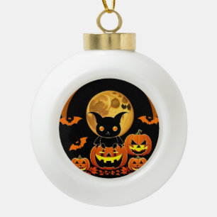 Kartenfledermaus und Kürbisse unter Vollmond Keramik Kugel-Ornament