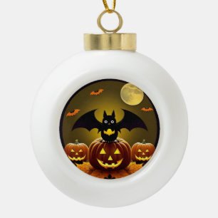 Kartenfledermaus und Kürbisse unter Vollmond Keramik Kugel-Ornament