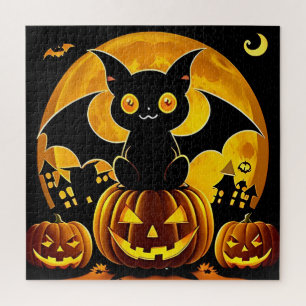 Kartenfledermaus und Kürbisse unter Vollmond Puzzle