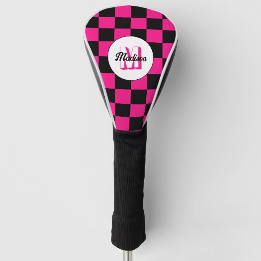 Kartierte Quadrate mit rosa, schwarz Retrogramm Golf Headcover (Vorderseite)