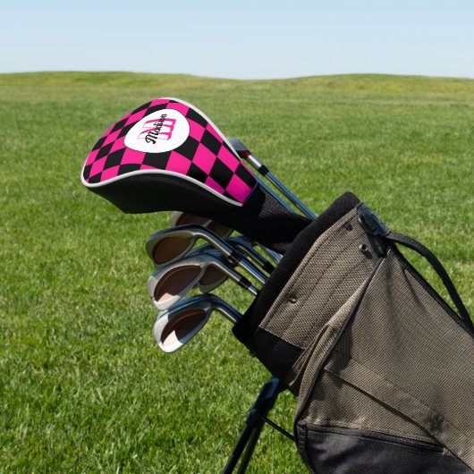 Kartierte Quadrate mit rosa, schwarz Retrogramm Golf Headcover (In SItu)