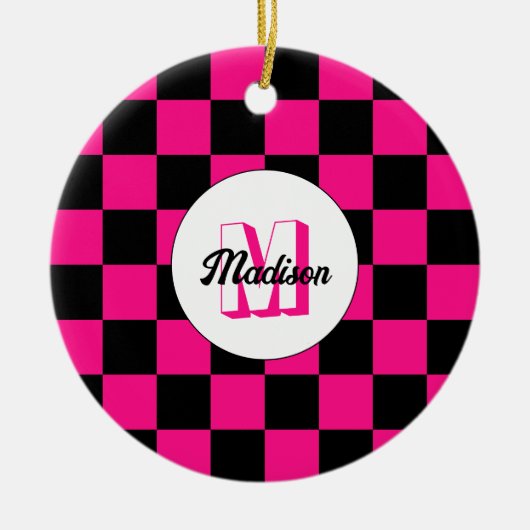 Kartierte Quadrate mit rosa, schwarz Retrogramm Keramik Ornament (Vorne)