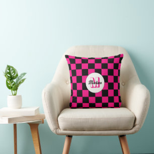 Kartierte Quadrate mit rosa, schwarz Retrogramm Kissen
