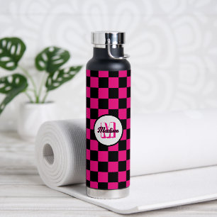 Kartierte Quadrate mit rosa, schwarz Retrogramm Trinkflasche