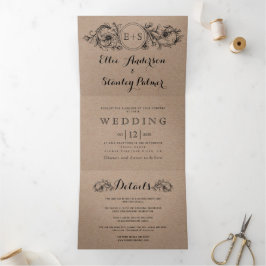 Karton mit floralen Rahmen mit Initialen Hochzeit Dreifach Gefaltete Einladung