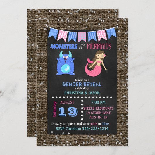Karton-Monster oder Mermaids-Genderdarstellung Einladung (Vorne/Hinten)