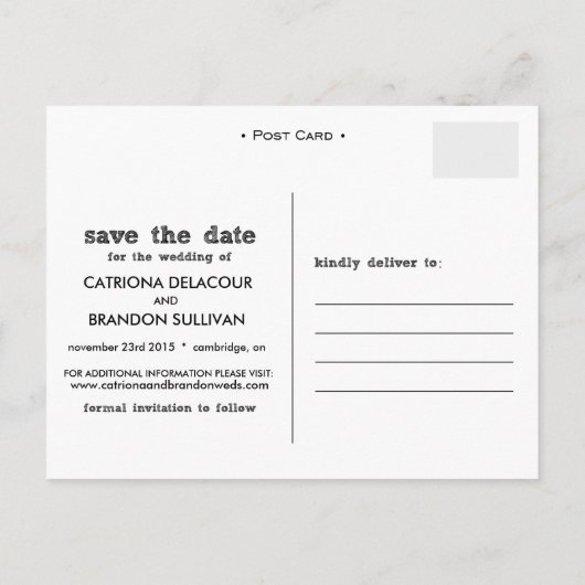 Karton Typografie Save the Date Postkarte (Rückseite)