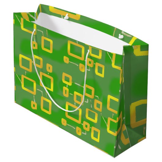 Kartoonische Geschenktasche mit grüner Geometrie Große Geschenktüte (Rückseite Schrägansicht)