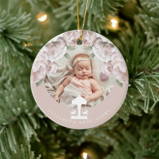 Karussell floral Soft Pink Foto Keramik Ornament (Baum)