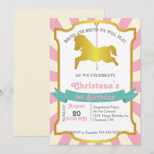 Karussell-Geburtstags-Party Einladung (Vorne/Hinten)