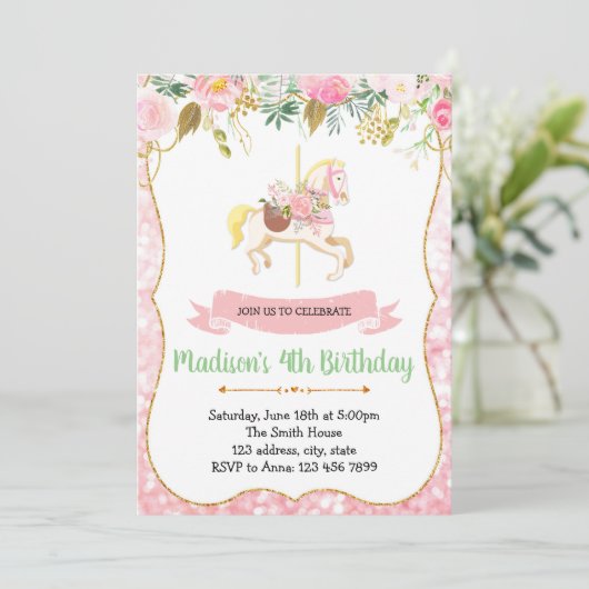 Karussell-Geburtstagsfeier Einladung (Stehend Vorderseite)