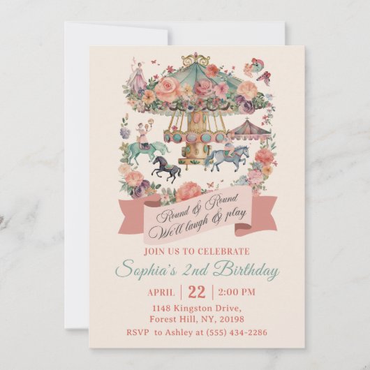 Karussell Karneval 2. Geburtstag Party Einladung (Vorderseite)