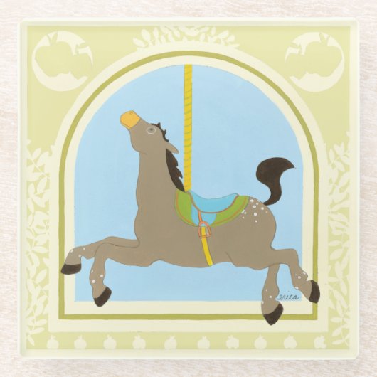 Karussell-Pferd bis Juni Heidekraut Vess Glasuntersetzer (Vorderseite)