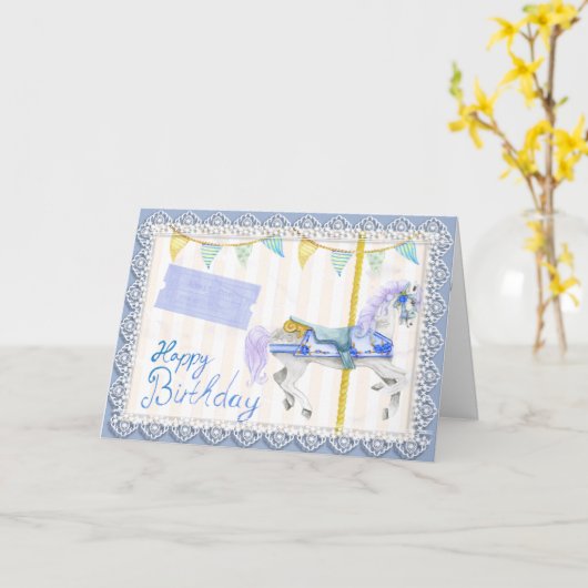 Karussell Pferd (blau) Geburtstag Karte (Gelbe Blume)