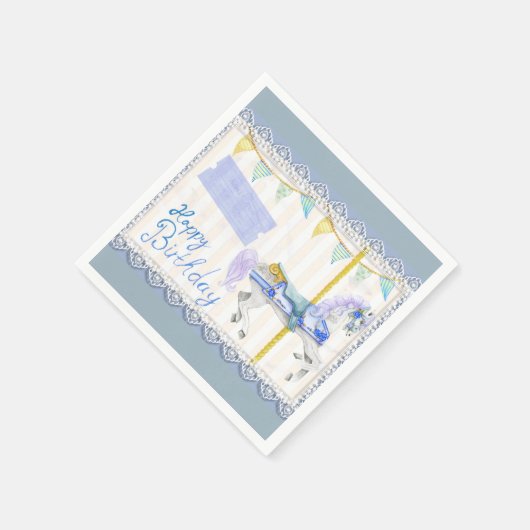 Karussell Pferd (blau) Geburtstag Serviette (Ecke)