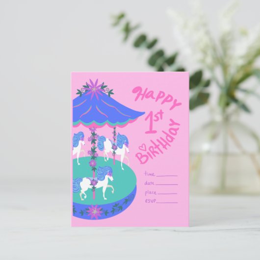 Karussell Pferde 1. Geburtstag Postkarte (Stehend Vorderseite)