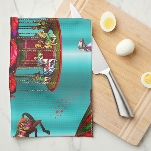 Karussell Pferde auf blau Geschirrtuch (Viertel Falte)