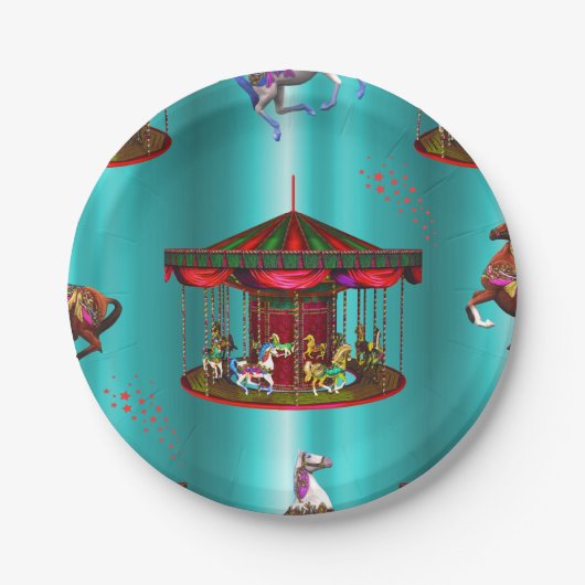 Karussell Pferde auf blau Pappteller (Vorderseite)