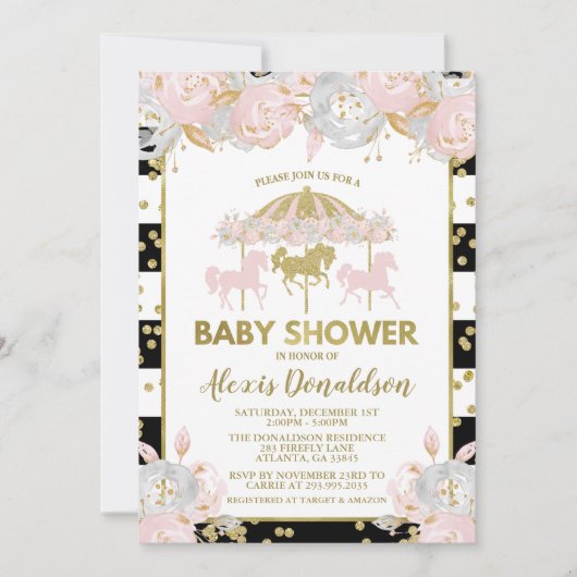 Karussell Pink und Gold Baby Dusche Einladung (Vorderseite)