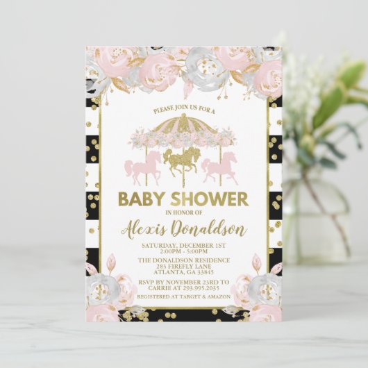Karussell Pink und Gold Baby Dusche Einladung (Stehend Vorderseite)