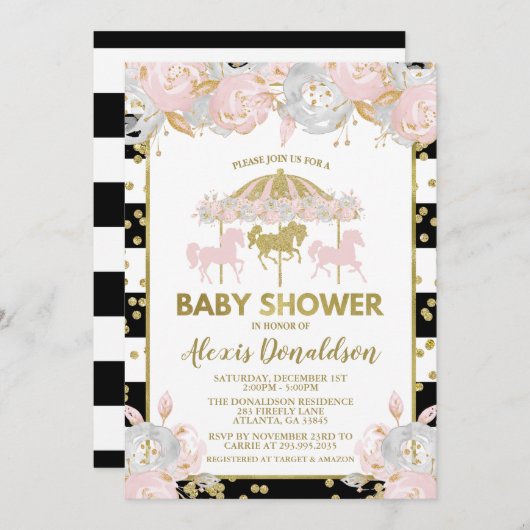 Karussell Pink und Gold Baby Dusche Einladung (Vorne/Hinten)