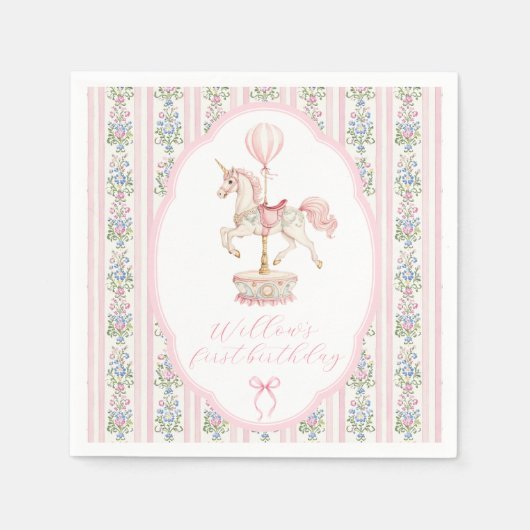 Karussell Rosa Erster Geburtstag Serviette (Vorderseite)