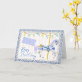 Karussellpferd (Blau) Geburtstag Karte (Gelbe Blume)