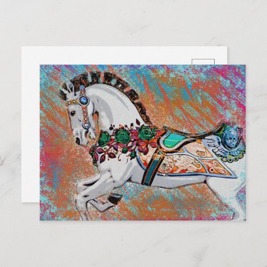 Karussellpferd Postkarte - farbenfrohe Mergo Runde (Vorne/Hinten)