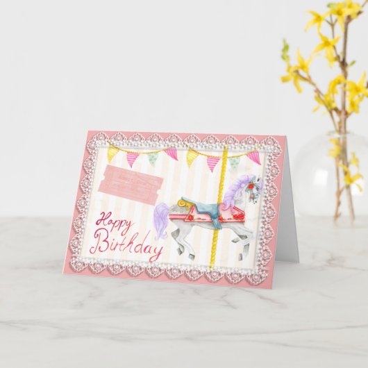 Karussellpferd (rosa) Geburtstag Karte (Gelbe Blume)