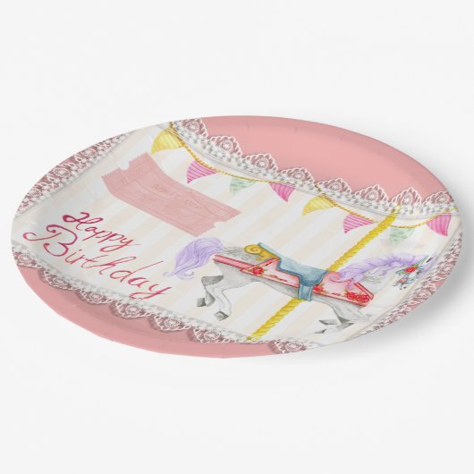 Karussellpferd (rosa) Geburtstagspapierplatte Pappteller (Schrägansicht)