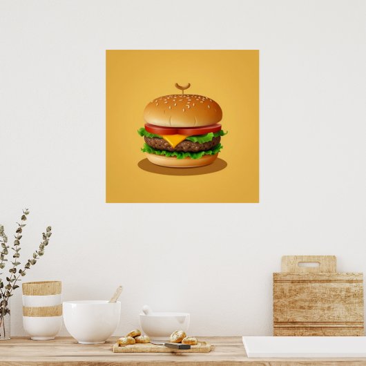 Käseburger mit gelbem Hintergrund Poster (Küche)