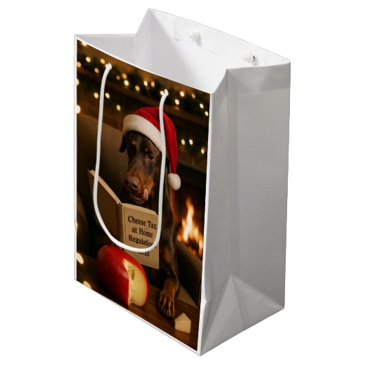 Käsesteuer Weihnachtsgeschenk - Doberman Mittlere Geschenktüte (Vorderseite Schrägansicht)