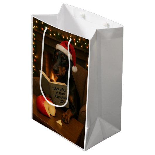 Käsesteuer Weihnachtsgeschenk - Doberman Mittlere Geschenktüte (Vorderseite Schrägansicht)