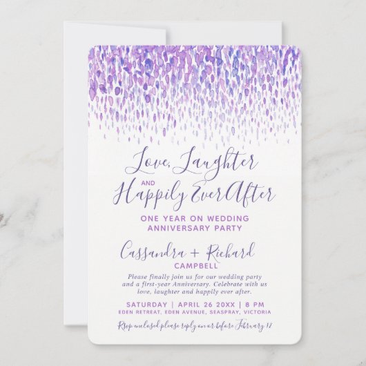 Kaskade lila Wasserfarbe 1 Jahr auf Hochzeitsfeier Einladung (Vorderseite)