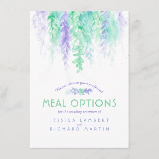 Kaskadenmenü für Hochzeiten mit grüner Blume Begleitkarte (Vorderseite)