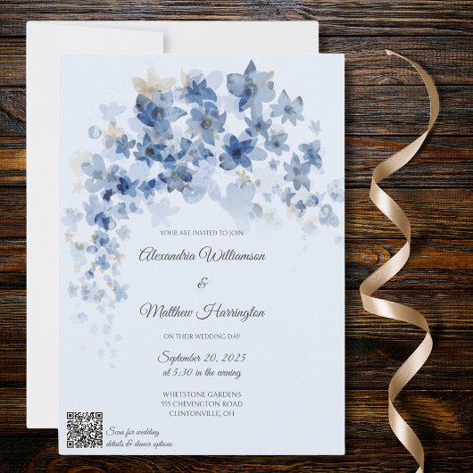 Kaskadieren blauer Blumen QR Code Hochzeit Einladung
