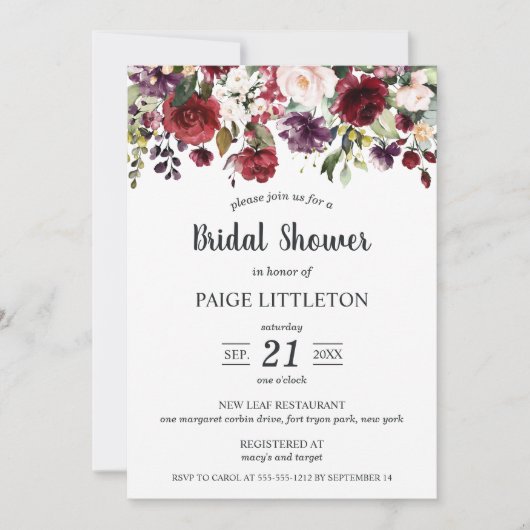 KaskadierenBlumen im roten und lila Brautparty Einladung (Vorderseite)