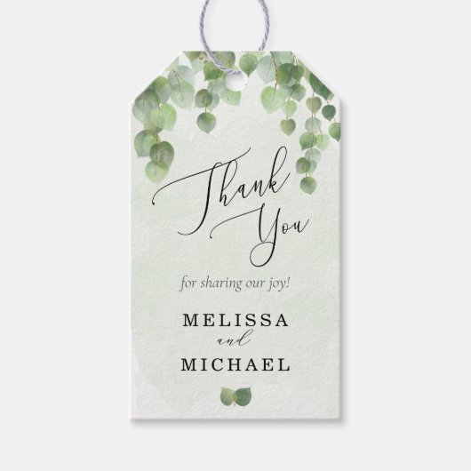 Kaskadierende Eukalyptus-Gastgeschenk Hochzeit Geschenkanhänger (Vorderseite)