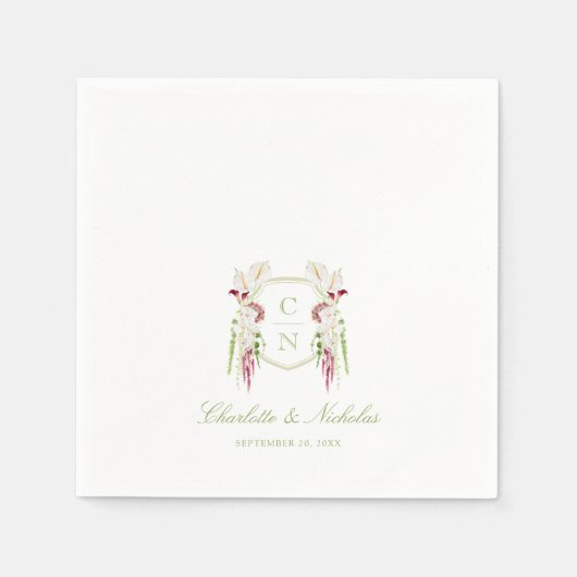 Kaskadierende florale Monogramm-Wappen-Hochzeit Serviette (Vorderseite)