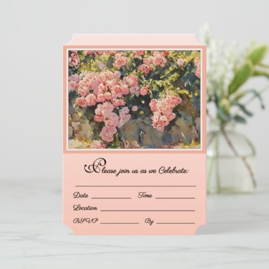 Kaskadierende Rose laden zum Feiern ein Einladung (Stehend Vorderseite)