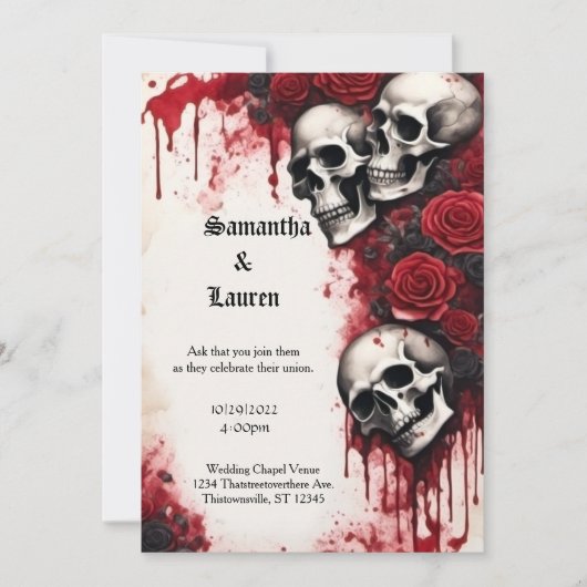 Kaskadierende Skulls und Rose Goth Wedding Einladung (Vorderseite)