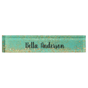 Kaskadierendes Gold Glitter & Türkis Aqua Glam Tre Namensplakette