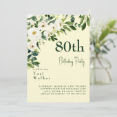 Kaskadierendes Weißes Blumengelb 80. Geburtstag Einladung (Stehend Vorderseite)
