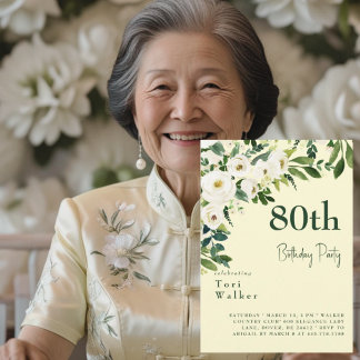 Kaskadierendes Weißes Blumengelb 80. Geburtstag Einladung