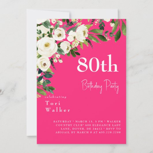 Kaskadierendes Weißes Blütenschwarz 80. Geburtstag Einladung (Vorderseite)