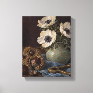 Kastanien und Anemonen auf blauem Leinen - Herbsts Leinwanddruck