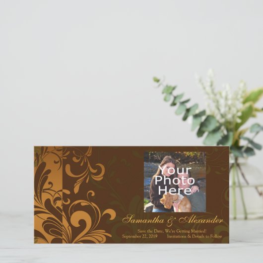 Kastanienbraun/Gold/Grün-wirbelkarte Save The Date (Stehend Vorderseite)