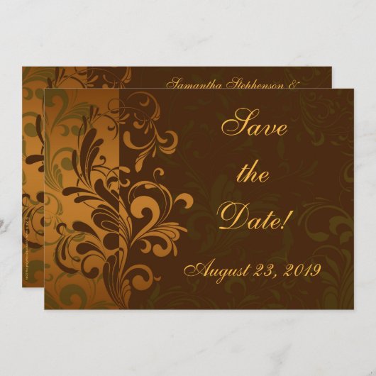 Kastanienbraun/Gold/Grünes Foto Save the Date (Vorne/Hinten)