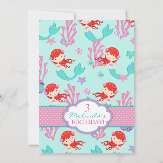 Kastanienbraune Meerjungfrau-dritter Geburtstag Einladung (Rückseite)